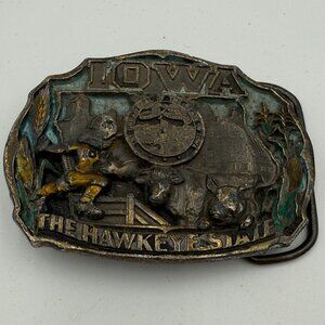 1986 Vintage Iowa Hawkeye State Brass Belt Buckle